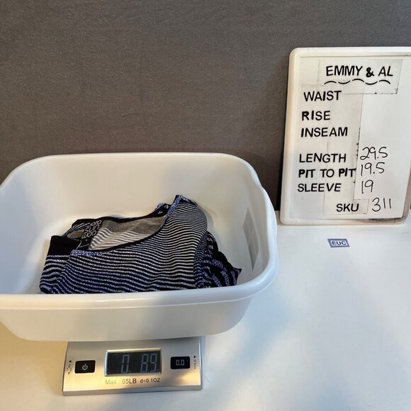 Clara Sun Woo Tunic Top Size S Blue Black Stripe Stretch Asymmetrical Hem Artsy - Picture 11 of 11